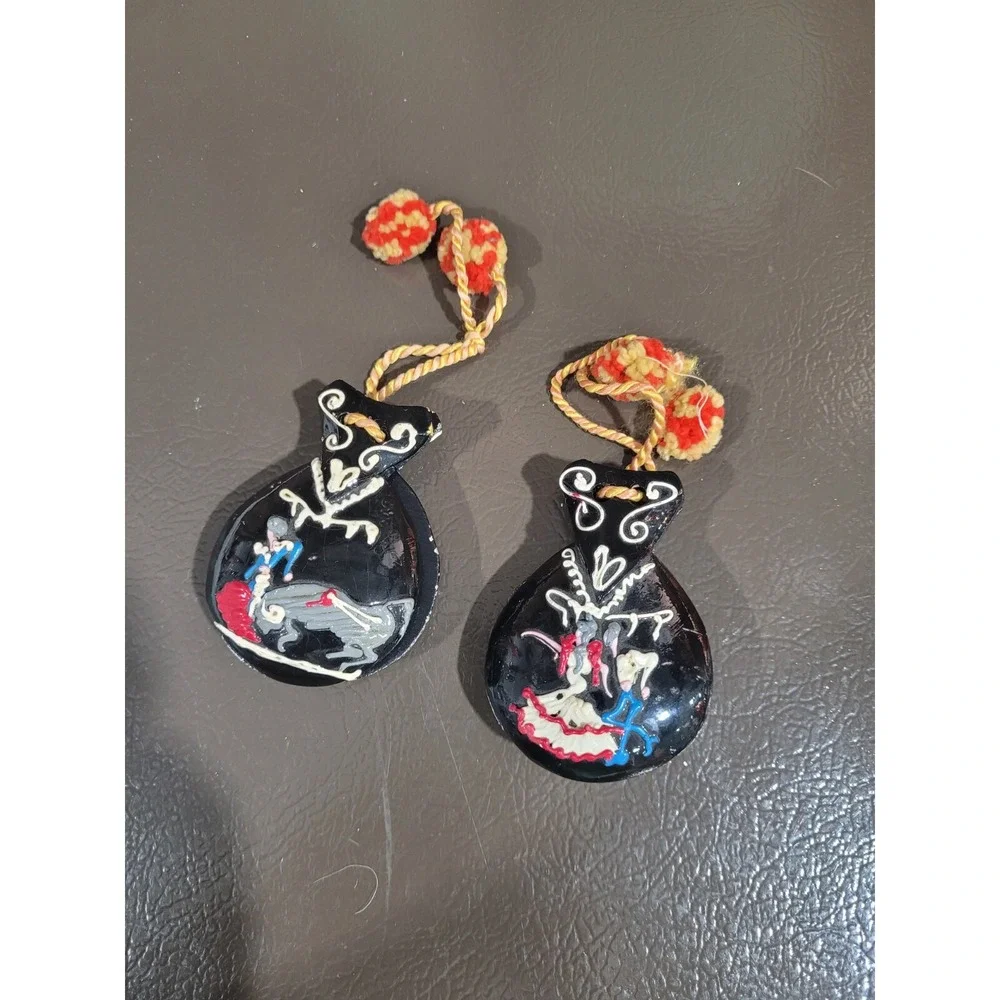 Vintage Collectible Handmade Pair Wooden Castanets Flamenco Dancers Bullfighter